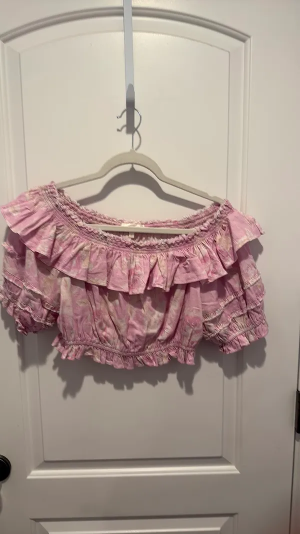 Love Shack Fancy pink floral set, Audrille crop top size M and Brenner tiered maxi skirt size M - Image 2