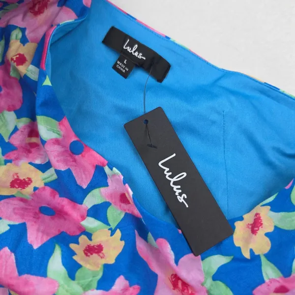Lulus NWT One Shoulder Floral Mini Dress Blue Pink Yellow EDX1158 Large - Image 3