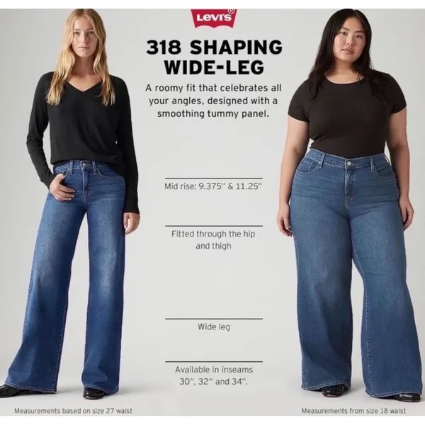 NWOT Levi's 318 Shaping Wide Leg Jeans Dark Wash 27x32 Mid Rise Denim‎ - Image 5