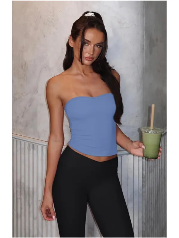 NEW Blue Y2K Tube Crop Top Backless Strapless Bandeau Sleeveless XL - Image 6