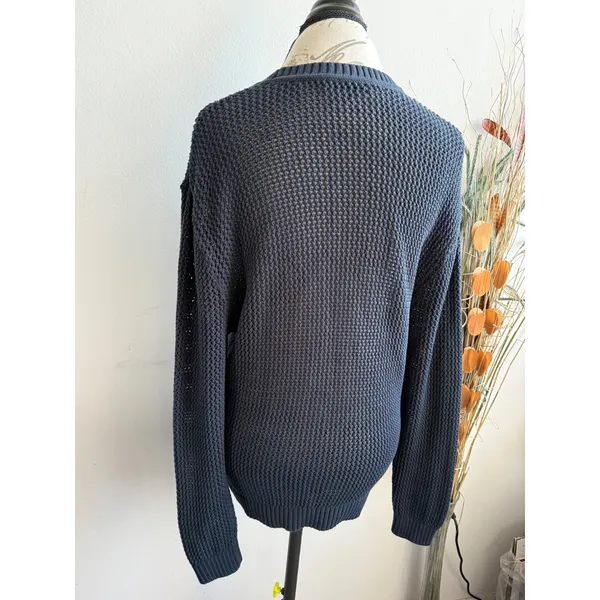 TNA‎ Aritzia Womens Navy Blue Cotton Mesh Open Knit Crewneck Sweater Size M - Image 3
