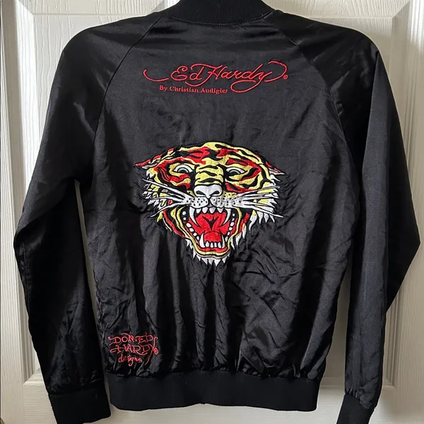 Ed Hardy Womens Bomber Jacket Black Zip Roar Embroidered Butterfly‎ Eyes Vintage - Image 14