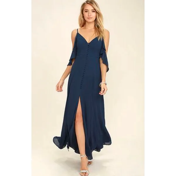 Lulus Navy Blue Ruffle V Neck Drapey Cold Shoulder Bridesmaid Maxi Dress Size S - Image 6