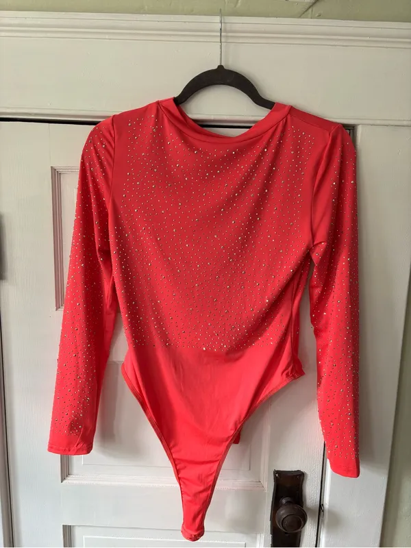 Hot Pink Long Sleeve Rhinestone One-Piece - Image 2