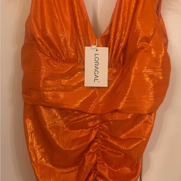 Loragal Shiny Orange with faux fur on the shoulders Dress! NWT! - Image 2