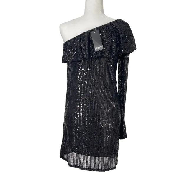 Nasty Gal One Shoulder Long Sleeve Black Sequin‎ Mini Dress Size Large New - Image 3