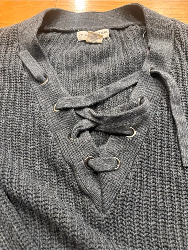 Women Lace-Up V-Neck Knit Sweater - Charcoal Gray - Image 3