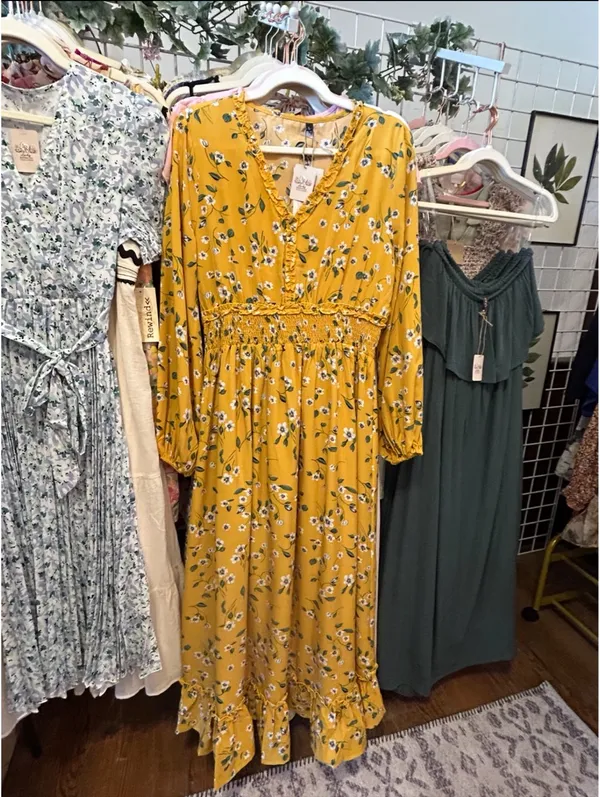 Boutique Mustard Floral Ruffle Maxi Dress – Size L - Image 2