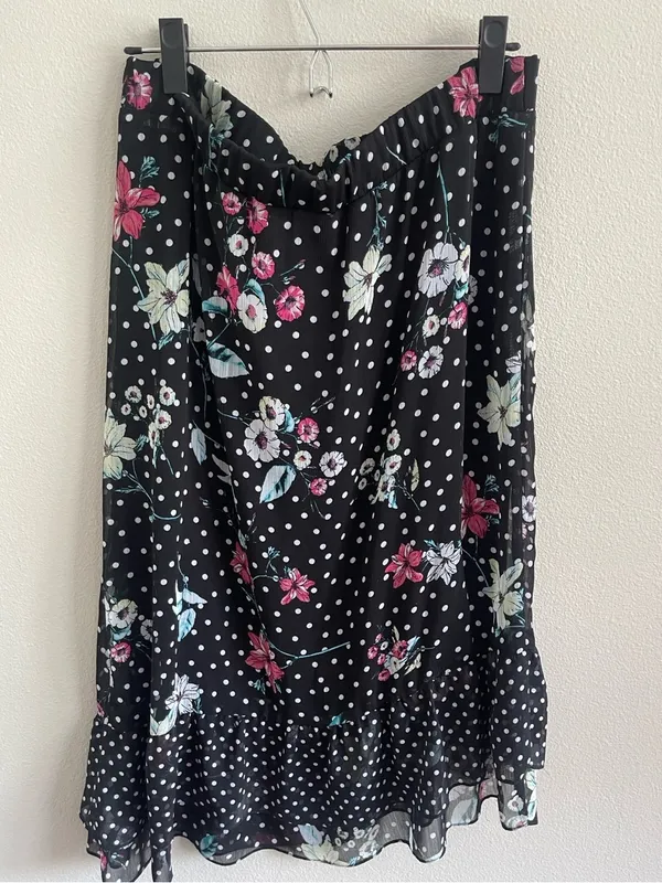Floral Polka Dot Midi Skirt - Black with Pink & Mint Flowers Size XL - Image 7