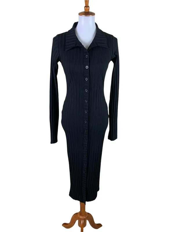 Good American Black Ribbed Button Front Long Sleeve Midi Dress 2 - Image 2