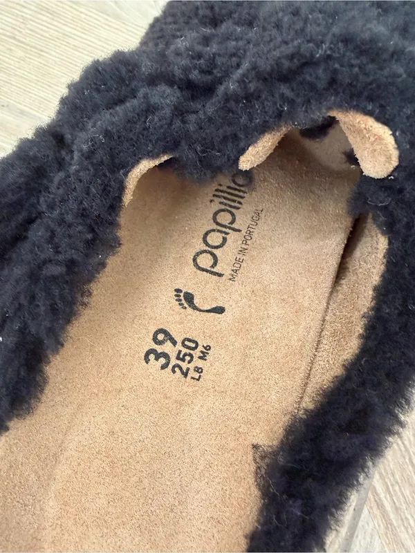 Papillio Birkenstock Fanny Teddy Shearling Clog Mule Wedge Black Size 39 US 8 - Image 3