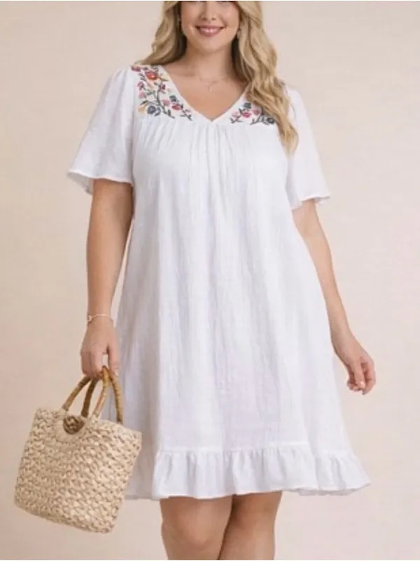 New!Cotton Lined White Gauze V-Neck Embroidered Floral Babydoll Dress Size 2X - Image 2