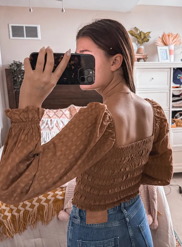American Eagle Brown Balloon Sleeve Top - Image 2