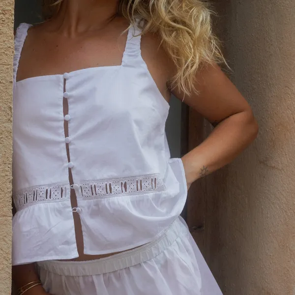Djerf Avenue Airy Poplin Buttoned Top White Lace - Image 2
