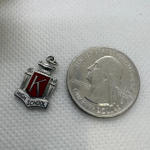 Vintage 1972 High School Crest Charm‎ Red Enamel Letter K Silver Tone Pendant - Image 3