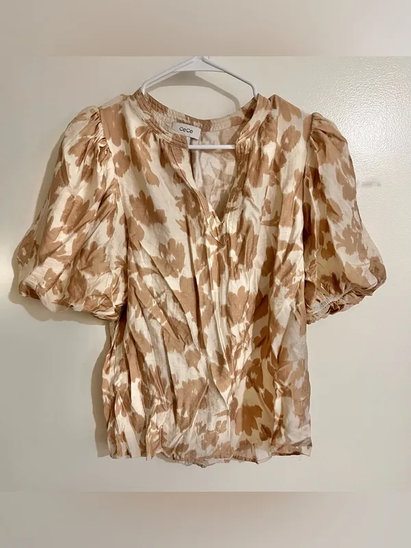 Cece Women Medium Neutral Breezy Puff Sleeve Floral Ditzy Boho Cottagecore Top - Image 3