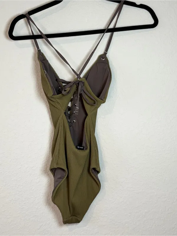 Dolce Vita Olive Green Ribbed Lace-Up One-Piece Swimsuit - Image 2