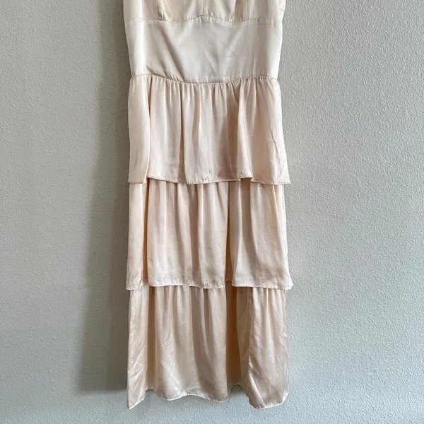 Amanda Uprichard Silk Pink Champagne Satin Tiered Midi Dress Romantic Delicate - Image 3