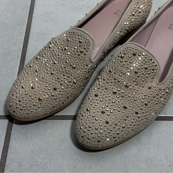 Stuart Weitzman Women Slipbeads Beige Blush Suede Gold Studded Loafer Flats‎ 8.5 - Image 2