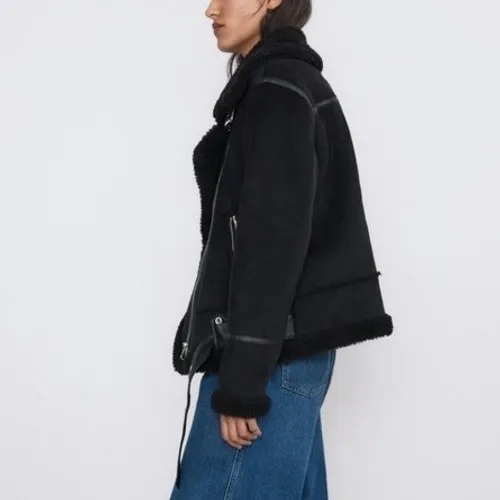 ZARA Women's Double Sided Jacket Faux Suede Shearling Moto Aviator Size Medium‎ - Image 3