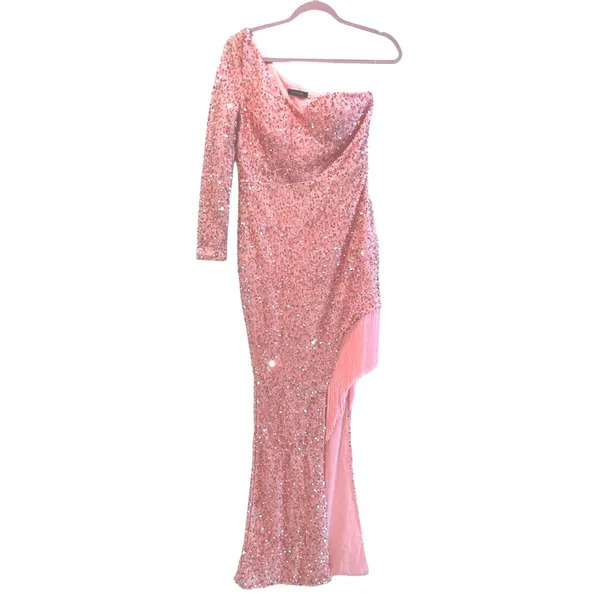 Giffniseti Pink‎ One Shoulder Sequin Fringe High Slit Formal Gown Dress Size M - Image 3