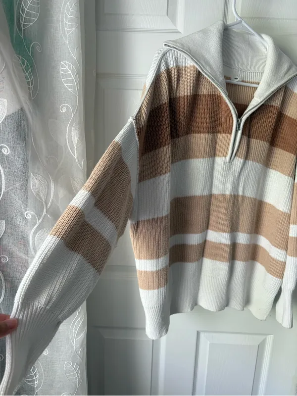 Aerie Beyond Neutral Stripe Knit Oversized Slouchy 1/4 Zip Pullover Sweater S - Image 4