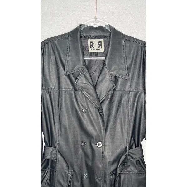 1990s Rave 4 Real Black Coated Stretch Trench Coat Women’s M/L - Image 4