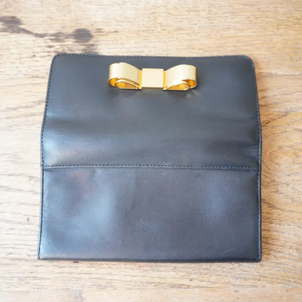 Ted Baker London Black Leather Matinee Wallet Gold Metal Bow Flap Long Clutch - Image 6