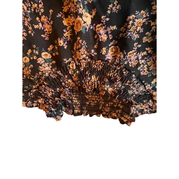 Floral Smocked Mock Neck Long Sleeve Mini Dress Black Brown Orange Medium Boho - Image 5