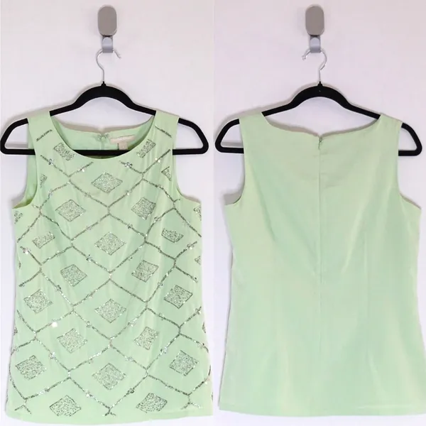 Banana Republic Mint Green Beaded Diamond Print Sleeveless Blouse Size 6 - Image 2