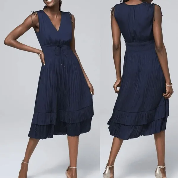 White House Black Market Navy Blue Sleeveless Pleated Midi Dress XL - Image 10