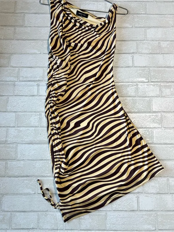 White Fox One-Shoulder Zebra Stripe Mini Dress in Cream and Brown - Image 2