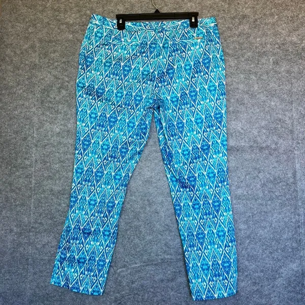 MICHAEL KORS Women’s Pants 14 Blue Ikat Print Straight Leg Stretch Zip Pockets‎ - Image 2