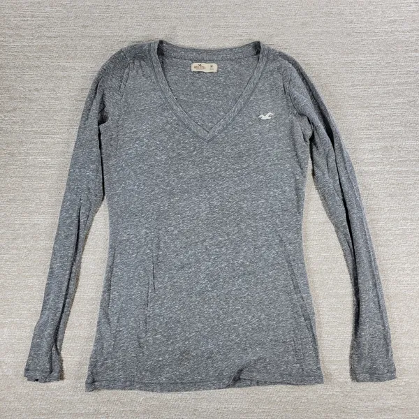 Hollister V Neck Long Sleeve Basic Tee Size M Womens Gray Slim Fit Logo Y2K - Image 6
