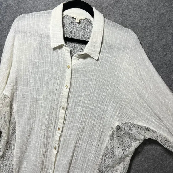 Hem &‎ Thread Ivory Lace Panel Gauze Button Down Shirt Large Boho Romantic Sheer - Image 6