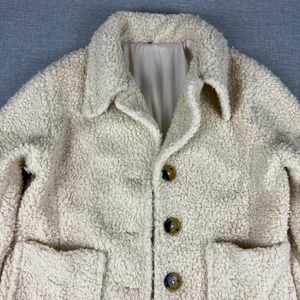 Free People Jacket Womens Large White Sherpa Button Front Collared Lined Cozy - Image 3