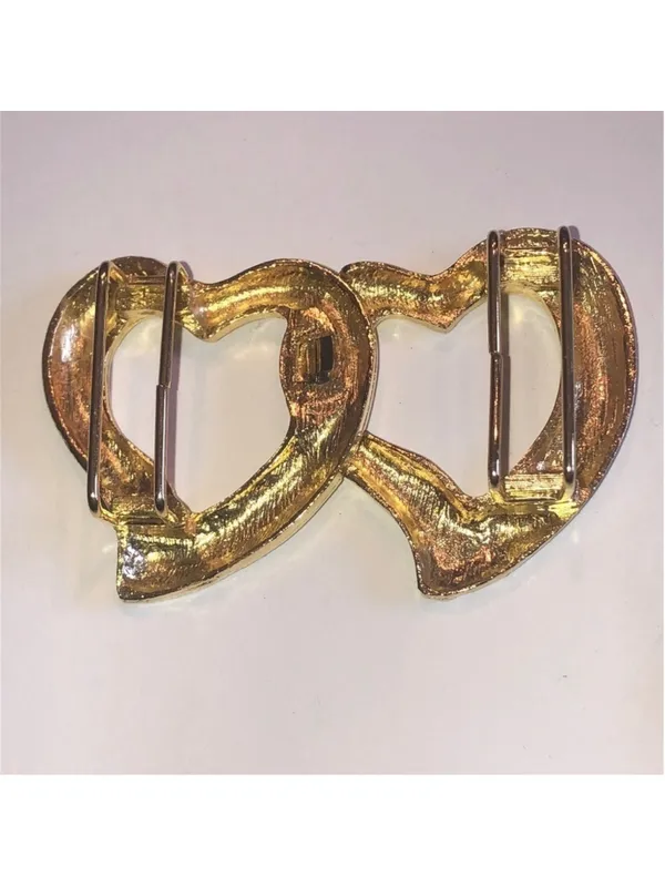 Vintage Brushed Soft Gold Tone Double Heart Retro Boho Belt Buckle - Image 3
