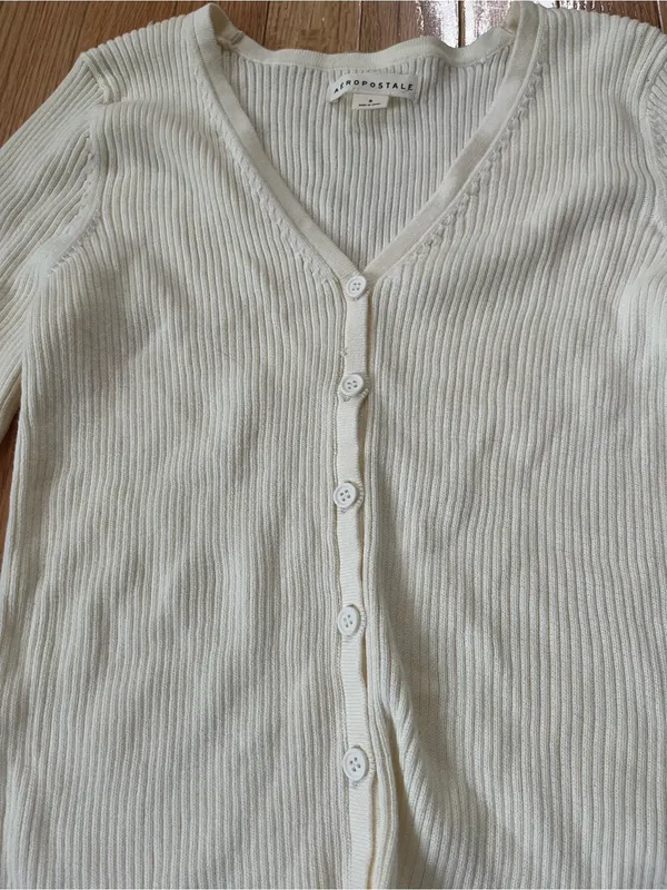 Aeropostale 100% Cotton White Ribbed Button Front Long Sleeve Top Small Dainty - Image 3