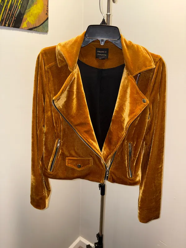 Forever 21 Velvet Moto Jacket Mustard Marigold Cropped Biker Size Small - Image 11