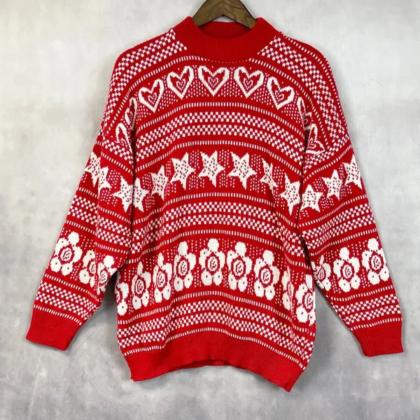 Vintage Fair Isle Sweater Womens M/L Hearts Stars Flowers Indie Nordic Cabin USA - Image 2