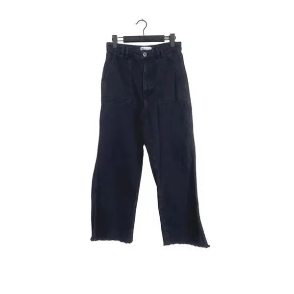 Zara Relaxed Fit Utility Style Wide Leg High Rise Raw Hem Jeans Pockets M Black - Image 11