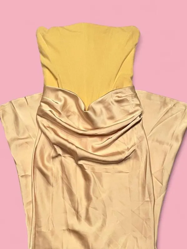 almond muse rosalind baby yellow/gold satin maxi dress with corset top - Image 4