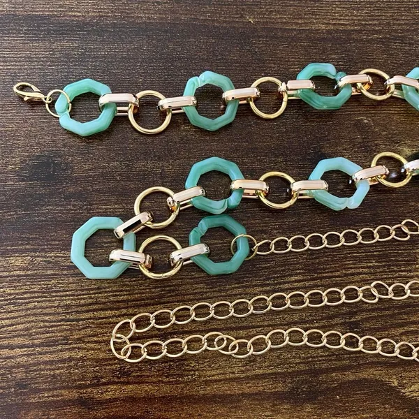 Gold Y2K Green Marbled Hexagon Open Ring Chain Belt, Fits 21-43 Inches, X7GA1356 - Image 7