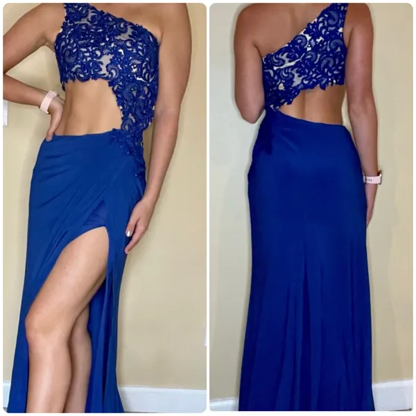 Sherri Hill Royal Blue Jersey One Shoulder Gown Maxi Dress Size 4 J1 - Image 2