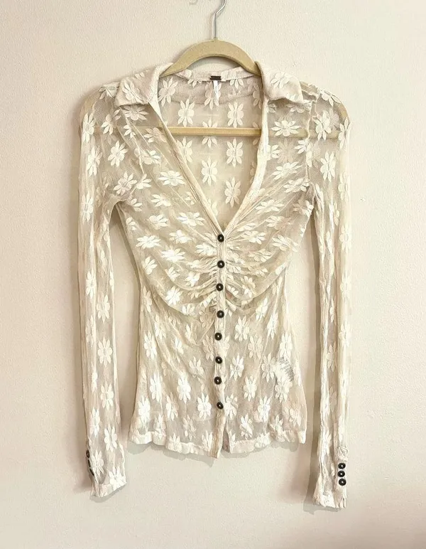 Free People Flower Fields Sheer Mesh Button-Front Shirt Cream Size XS - Image 2