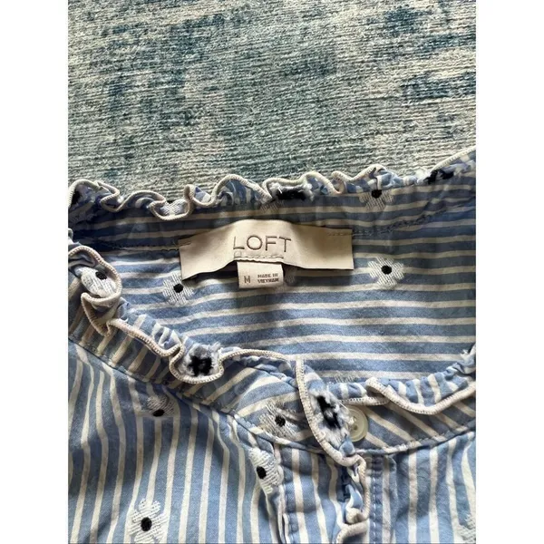 Loft Blue White Stripe Daisy Ruffle Button Front Top Women's Medium - Image 7