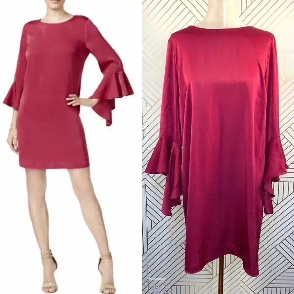 Bar III Bell Sleeve Ruffled Shift Dress‎ in Berry - Image 2