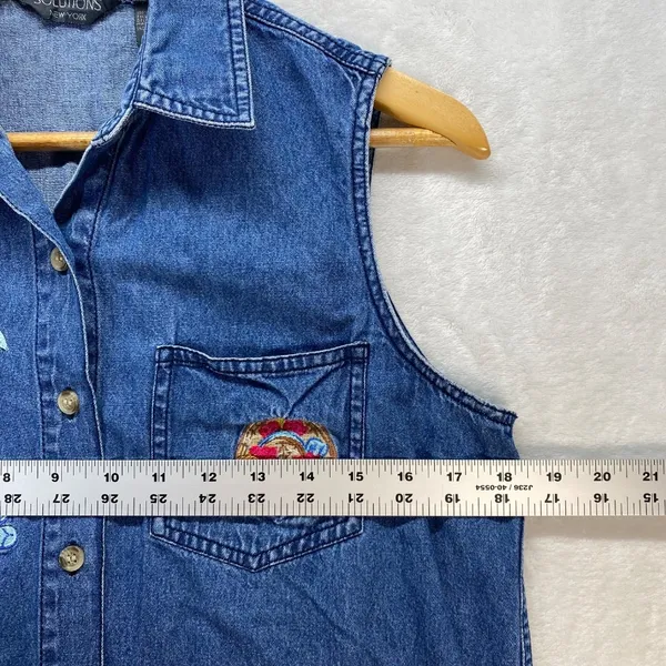 Solutions New York Denim Sleeveless Shirt Beach Embroidery Button Up S‎ - Image 2