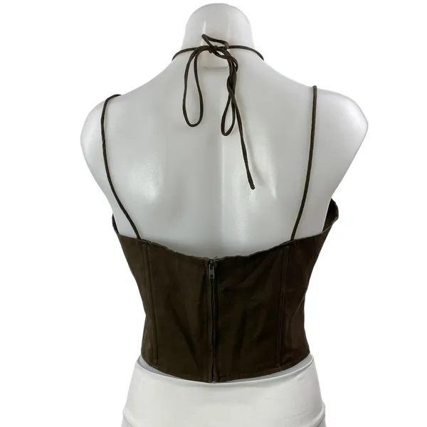 Lioness Brown Linen Sleeveless Cami Halter Longline Bustier Corset Crop Top M - Image 3