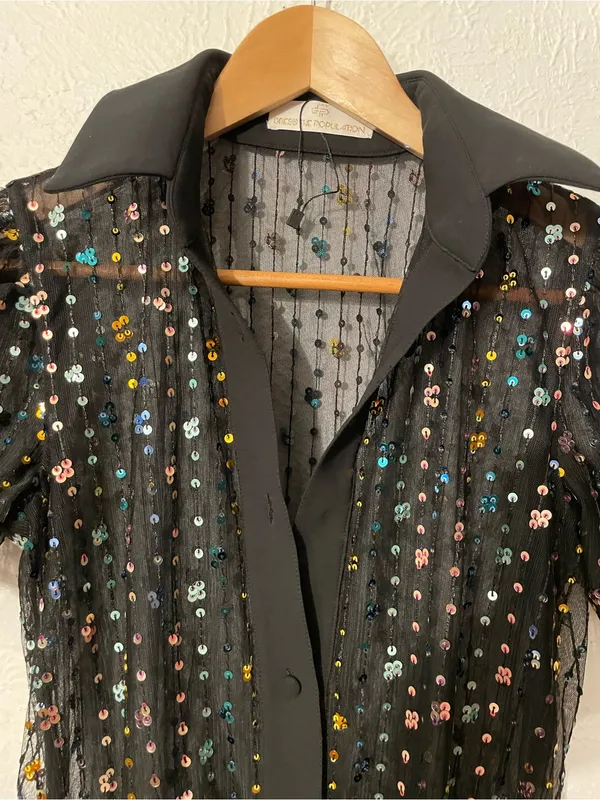 Dress the Population Black Sequin Collared Midi Dress Multicolor Button Down XS - Image 3